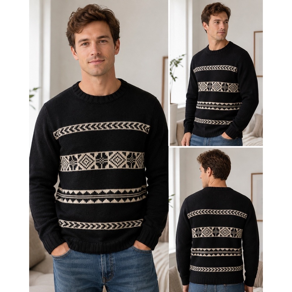 Structure Mens 100% Lambswool Fair Isle Crewneck Sweater Black Cream Vintage L
